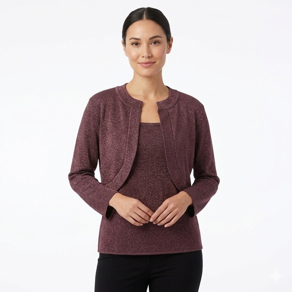 Michelle Antonelli Silk Blend Metallic Knit Bolero & Tank Set XL Brown Rose Gold